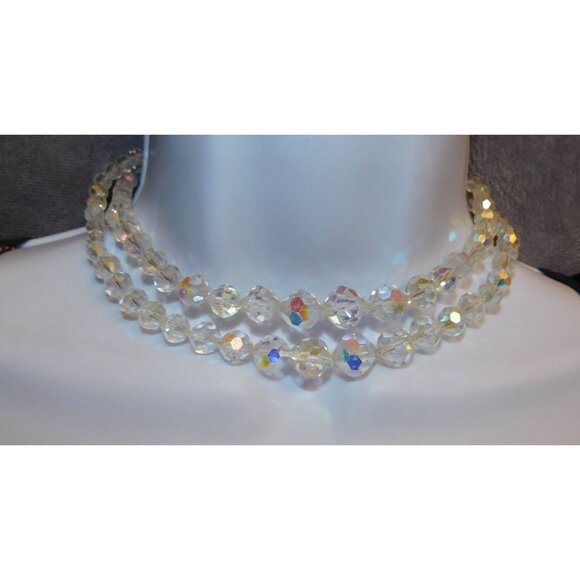 Vintage Aurora Borealis Crystal Beaded Double Strand Necklace - Picture 7 of 9